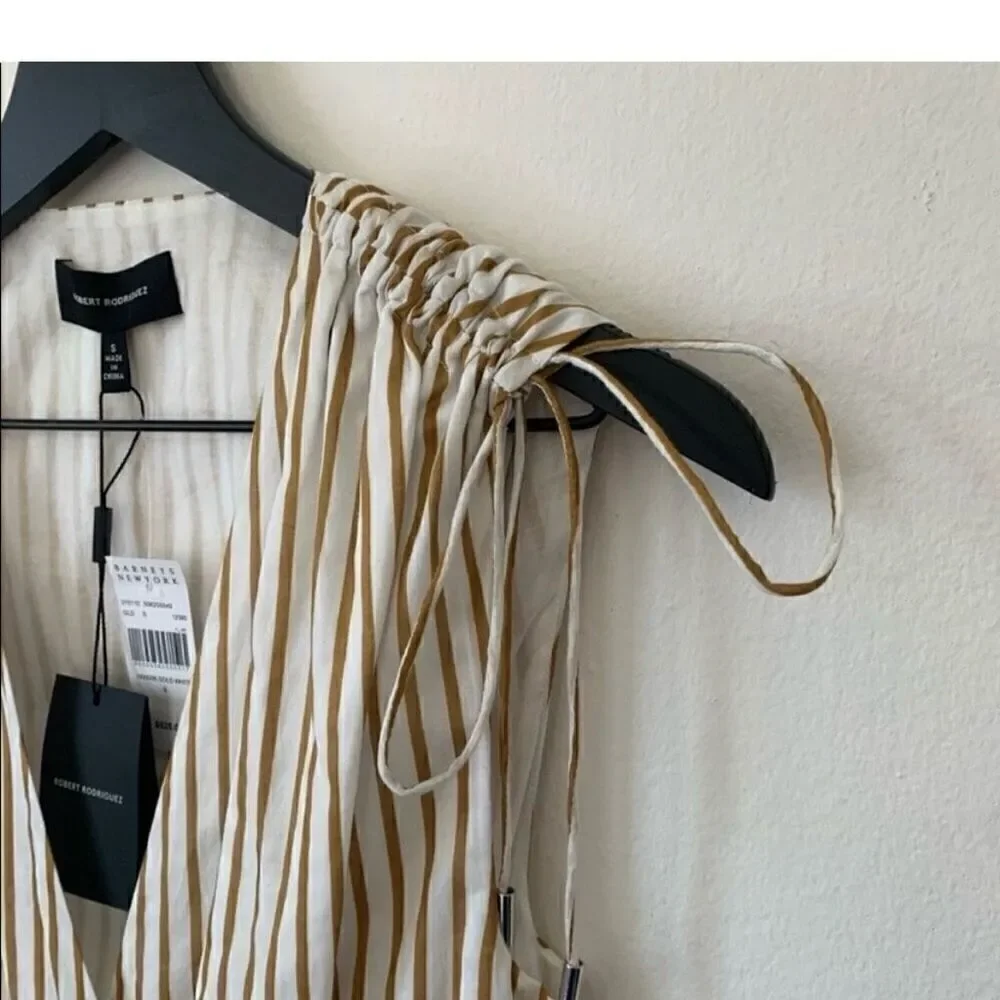 Robert Rodriguez XS Tiered Midi Dress Gold White Stripe Coastal Lagenlook New